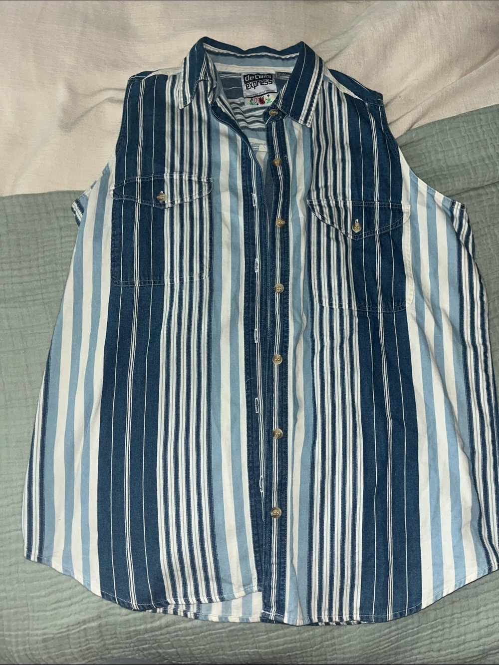 Blue Striped Sleeveless Denim Shirt Jacket